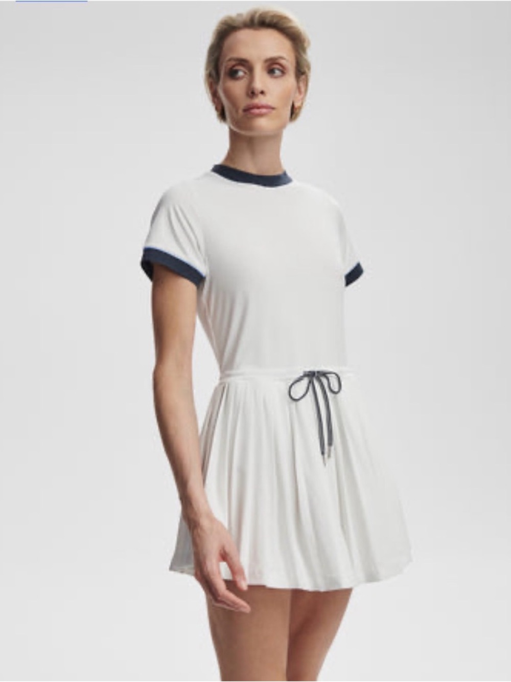 Varley White Tennis-Style Drawstring Dress with Navy Trim